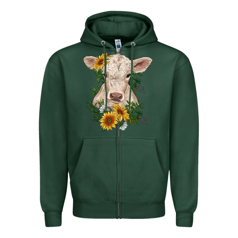 Charolais Calf With Sunflowers Zipper Hoodie by RanaPortraitStore | Teevron