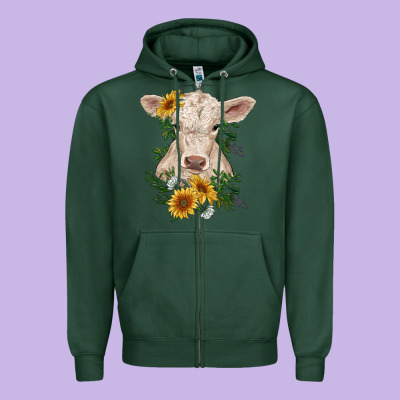 Charolais Calf With Sunflowers Zipper Hoodie Designed By Ranaportraitstore