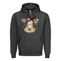 Charcoal Heather charolais calf with christmas lights baby cow Zipper Hoodie - RanaPortraitStore