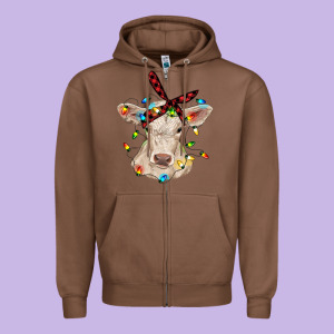 Charolais Calf With Christmas Lights Baby Cow Zipper Hoodie Designed By Ranaportraitstore