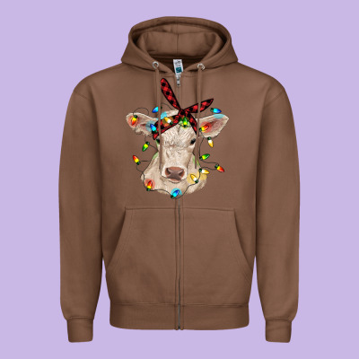 Charolais Calf With Christmas Lights Baby Cow Zipper Hoodie Designed By Ranaportraitstore
