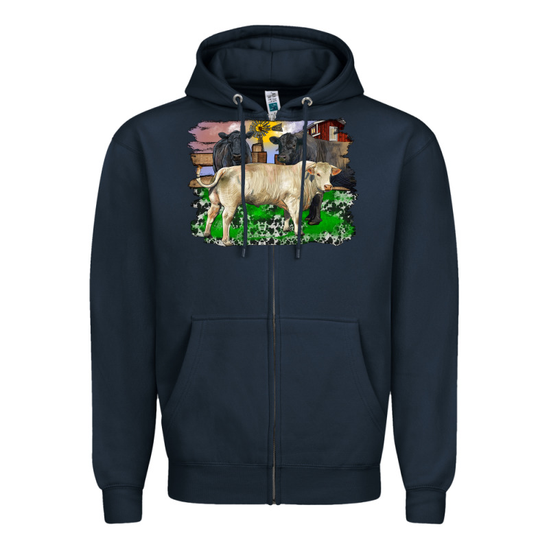 Charolais Bull Black Angus Cattle And Bull With Barnyard And Cowhide Zipper Hoodie by RanaPortraitStore | Teevron