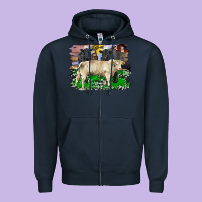 Charolais Bull Black Angus Cattle And Bull With Barnyard And Cowhide Zipper Hoodie Designed By Ranaportraitstore