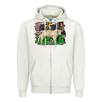 Oatmeal Heather charolais bull black angus cattle and bull with barnyard and cowhide Zipper Hoodie - RanaPortraitStore