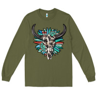 Army Green western bull skull with sunflower and gemstone Long Sleeve Tee - texasbilliewilder