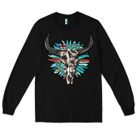 Western Bull Skull With Sunflower And Gemstone Long Sleeve Tee | Teevron