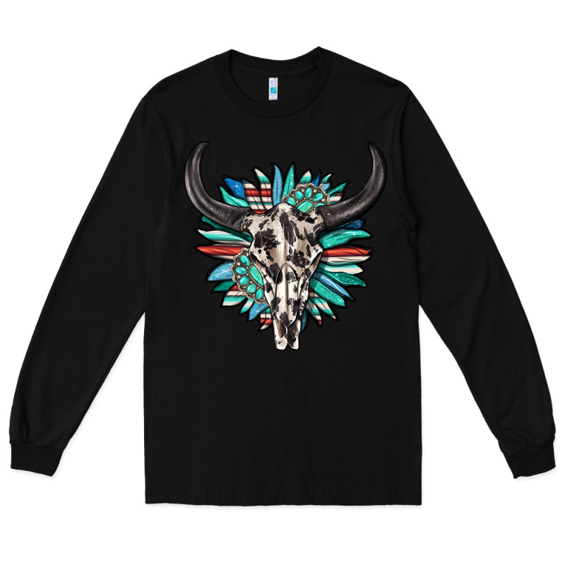Western Bull Skull With Sunflower And Gemstone Long Sleeve Tee by texasbilliewilder | Teevron