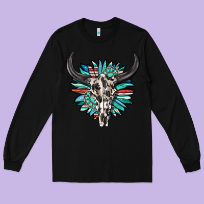 Long Sleeve Tee western bull skull with sunflower and gemstone