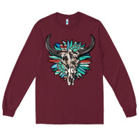 Burgundy western bull skull with sunflower and gemstone Long Sleeve Tee - texasbilliewilder