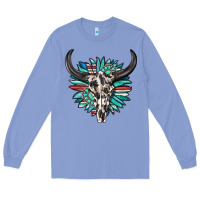 Colony Blue western bull skull with sunflower and gemstone Long Sleeve Tee - texasbilliewilder