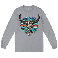 Heather Grey western bull skull with sunflower and gemstone Long Sleeve Tee - texasbilliewilder