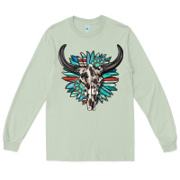 Matcha western bull skull with sunflower and gemstone Long Sleeve Tee - texasbilliewilder