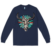 Navy western bull skull with sunflower and gemstone Long Sleeve Tee - texasbilliewilder
