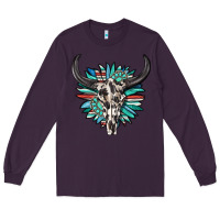 Plum western bull skull with sunflower and gemstone Long Sleeve Tee - texasbilliewilder