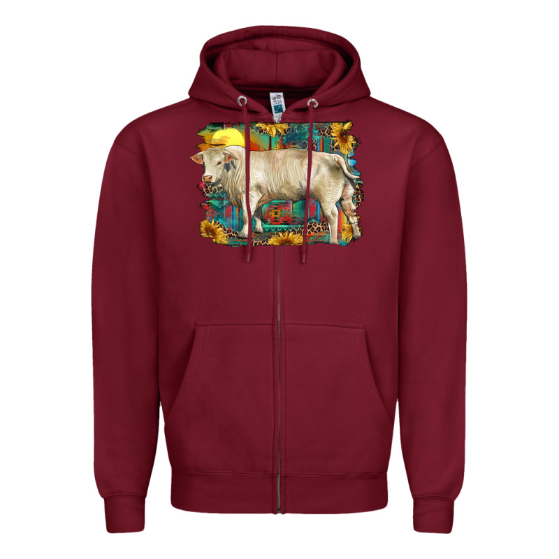 Western Charolais Bull And Aztec Sunflower Background Zipper Hoodie by RanaPortraitStore | Teevron
