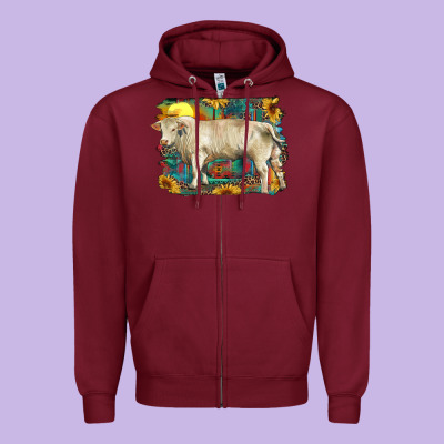 Western Charolais Bull And Aztec Sunflower Background Zipper Hoodie Designed By Ranaportraitstore