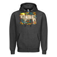 Charcoal Heather western charolais bull and aztec sunflower background Zipper Hoodie - RanaPortraitStore