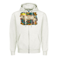 Oatmeal Heather western charolais bull and aztec sunflower background Zipper Hoodie - RanaPortraitStore