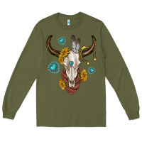 Army Green western cow skull Long Sleeve Tee - texasbilliewilder