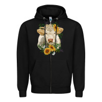 Black charolais cattle with sunflowers Zipper Hoodie - RanaPortraitStore