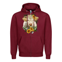 Burgundy charolais cattle with sunflowers Zipper Hoodie - RanaPortraitStore