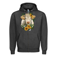 Charcoal Heather charolais cattle with sunflowers Zipper Hoodie - RanaPortraitStore