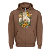 Chestnut charolais cattle with sunflowers Zipper Hoodie - RanaPortraitStore