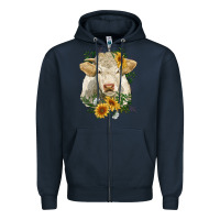 Navy charolais cattle with sunflowers Zipper Hoodie - RanaPortraitStore