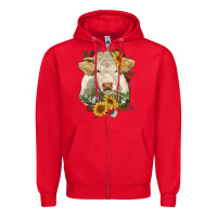Red charolais cattle with sunflowers Zipper Hoodie - RanaPortraitStore