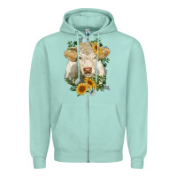 Seafoam charolais cattle with sunflowers Zipper Hoodie - RanaPortraitStore