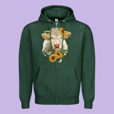 Charolais Cattle With Sunflowers Zipper Hoodie Designed By Ranaportraitstore