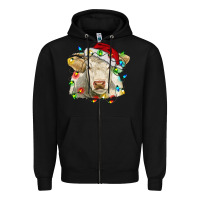 Black charolais cattle cow with christmas lights and hat Zipper Hoodie - RanaPortraitStore