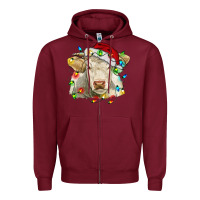 Burgundy charolais cattle cow with christmas lights and hat Zipper Hoodie - RanaPortraitStore