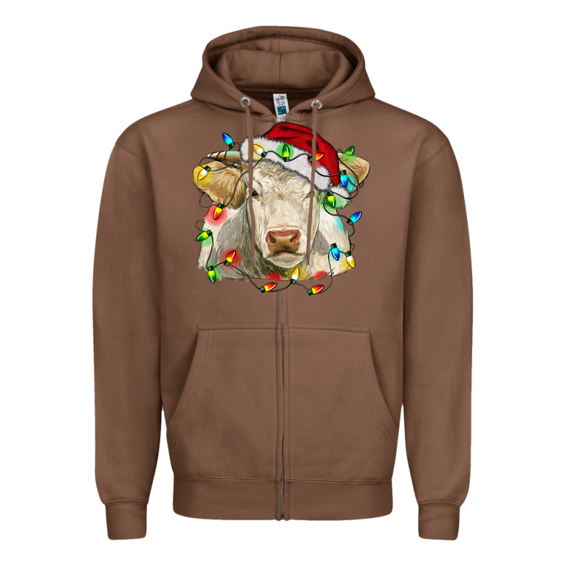 Charolais Cattle Cow With Christmas Lights And Hat Zipper Hoodie by RanaPortraitStore | Teevron