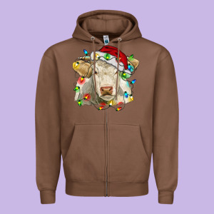 Charolais Cattle Cow With Christmas Lights And Hat Zipper Hoodie Designed By Ranaportraitstore