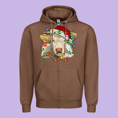 Charolais Cattle Cow With Christmas Lights And Hat Zipper Hoodie Designed By Ranaportraitstore