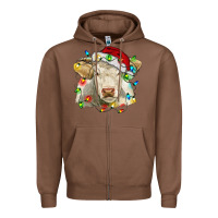 Chestnut charolais cattle cow with christmas lights and hat Zipper Hoodie - RanaPortraitStore