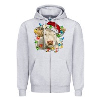 Heather Grey charolais cattle cow with christmas lights and hat Zipper Hoodie - RanaPortraitStore