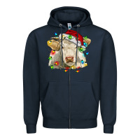 Navy charolais cattle cow with christmas lights and hat Zipper Hoodie - RanaPortraitStore