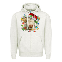 Oatmeal Heather charolais cattle cow with christmas lights and hat Zipper Hoodie - RanaPortraitStore