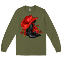 Army Green valentines day cowboy boots red  and roses Long Sleeve Tee - AdoDesignShop