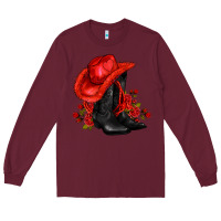 Burgundy valentines day cowboy boots red  and roses Long Sleeve Tee - AdoDesignShop