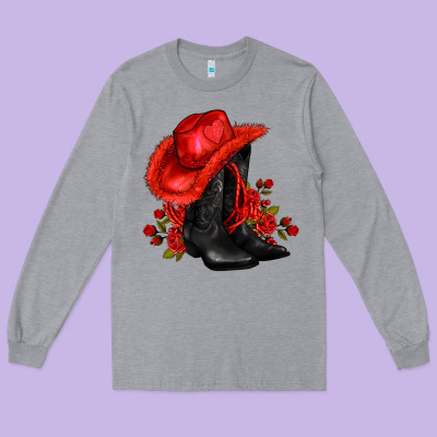 Valentines Day Cowboy Boots Red  And Roses Long Sleeve Tee Designed By Adodesignshop
