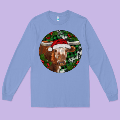 Long Sleeve Tee Longhorn Cow Christmas