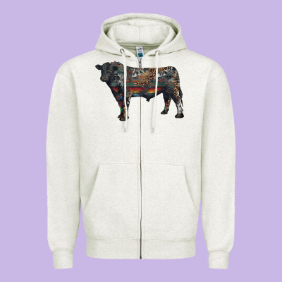 Black Angus Bull With Western Patterns Zipper Hoodie Designed By Ranaportraitstore