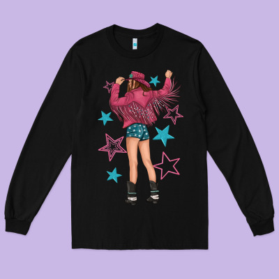 Long Sleeve Tee western pink with stars and cowgirl