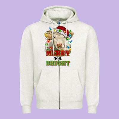 Merry And Bright Charolais Cattle Cow With Christm Zipper Hoodie Designed By Ranaportraitstore