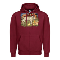 Burgundy charolaris bull and chicken in barnyard Zipper Hoodie - RanaPortraitStore