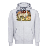Heather Grey charolaris bull and chicken in barnyard Zipper Hoodie - RanaPortraitStore