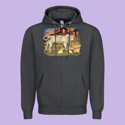 Charolaris Bull And Chicken In Barnyard Zipper Hoodie Designed By Ranaportraitstore